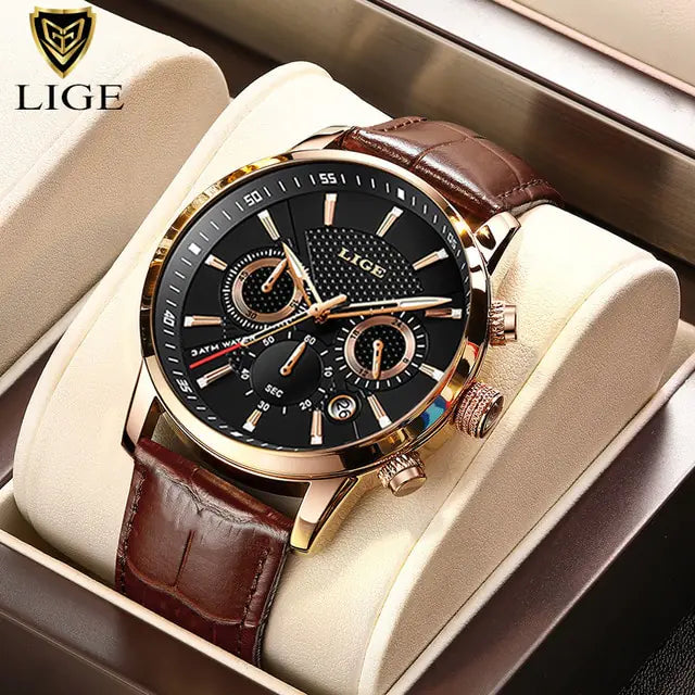 Mens Watches LIGE Top Brand Luxury Leather Casual Quartz