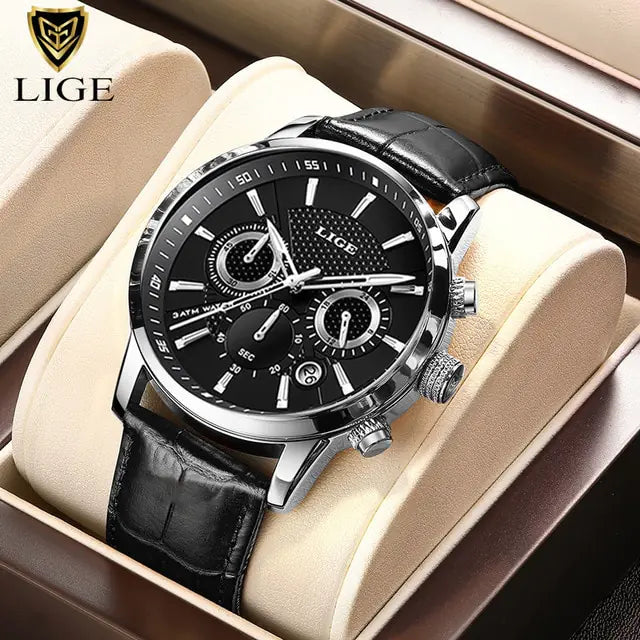 Mens Watches LIGE Top Brand Luxury Leather Casual Quartz