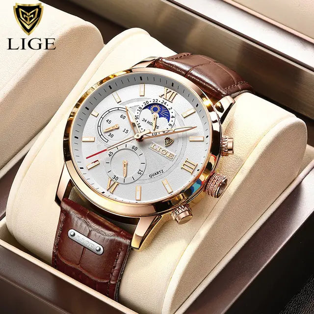 Mens Watches LIGE Top Brand Luxury Leather Casual Quartz