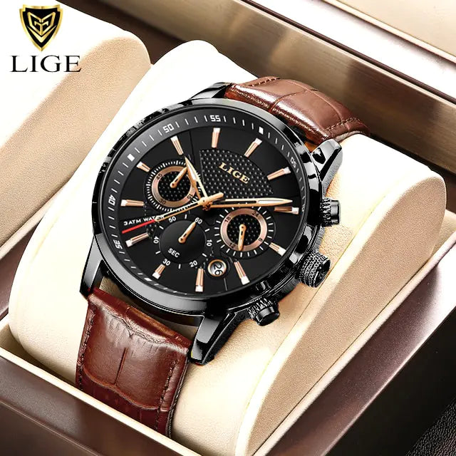 Mens Watches LIGE Top Brand Luxury Leather Casual Quartz