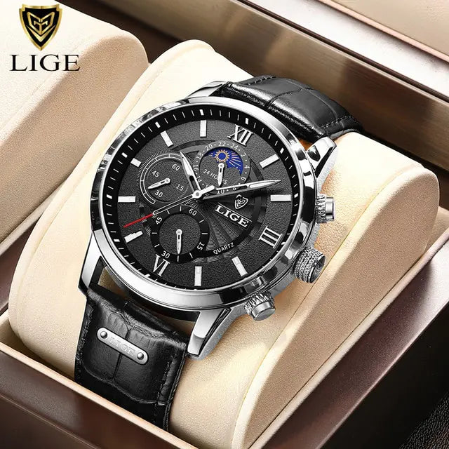 Mens Watches LIGE Top Brand Luxury Leather Casual Quartz