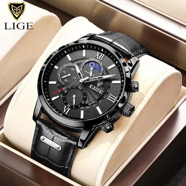 Mens Watches LIGE Top Brand Luxury Leather Casual Quartz