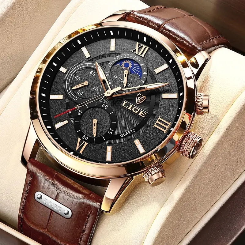 Mens Watches LIGE Top Brand Luxury Leather Casual Quartz