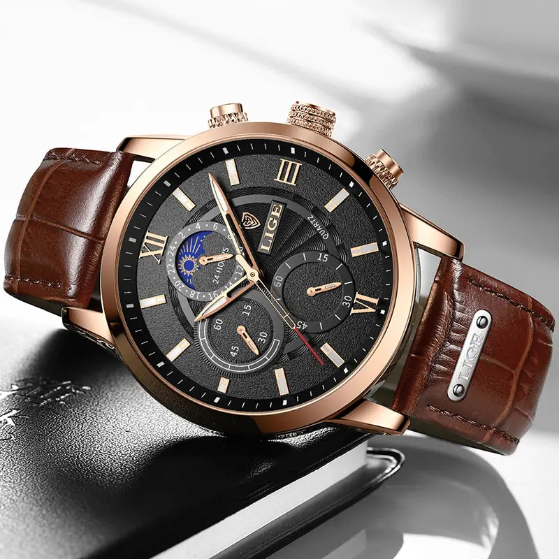 Mens Watches LIGE Top Brand Luxury Leather Casual Quartz