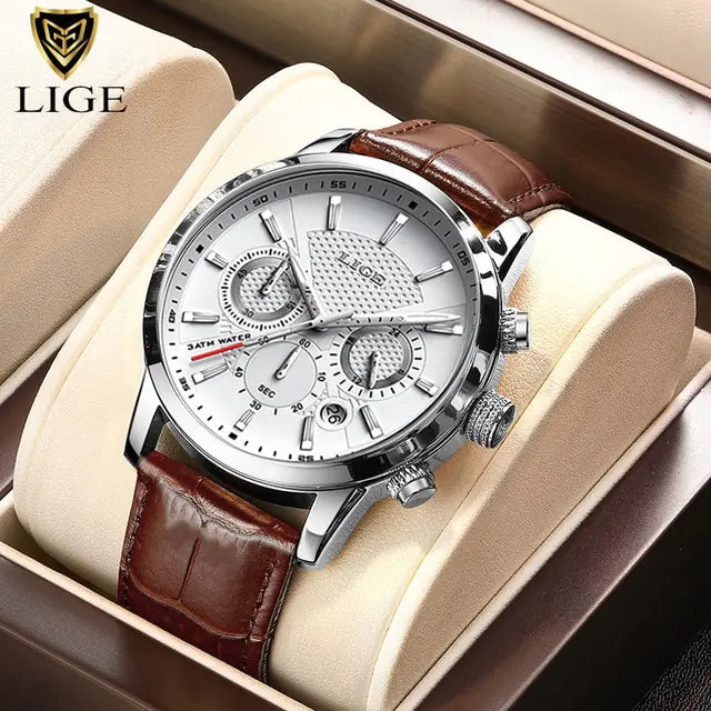 Mens Watches LIGE Top Brand Luxury Leather Casual Quartz