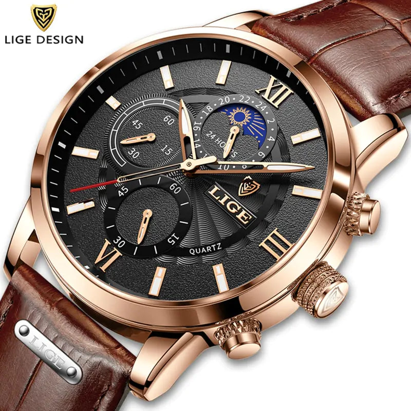 Mens Watches LIGE Top Brand Luxury Leather Casual Quartz