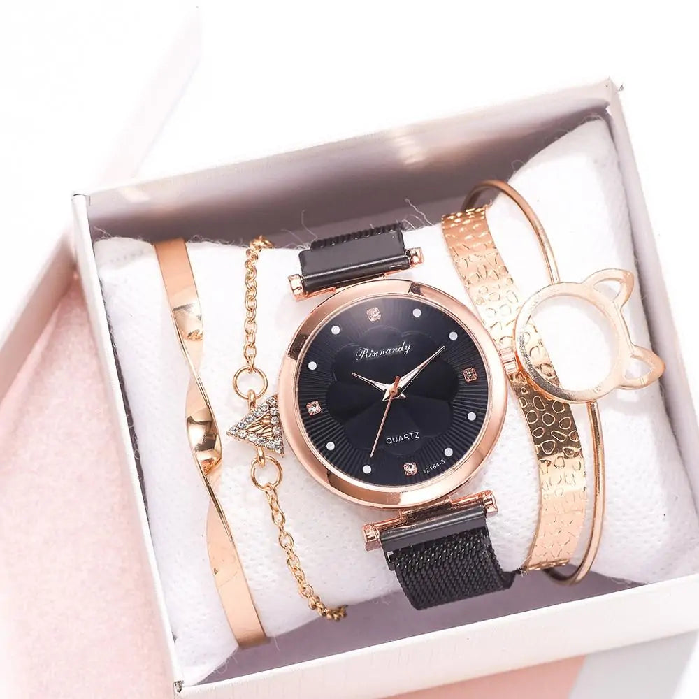 5-Piece Women's Luxury Magnet Buckle Watch Bracelet Set