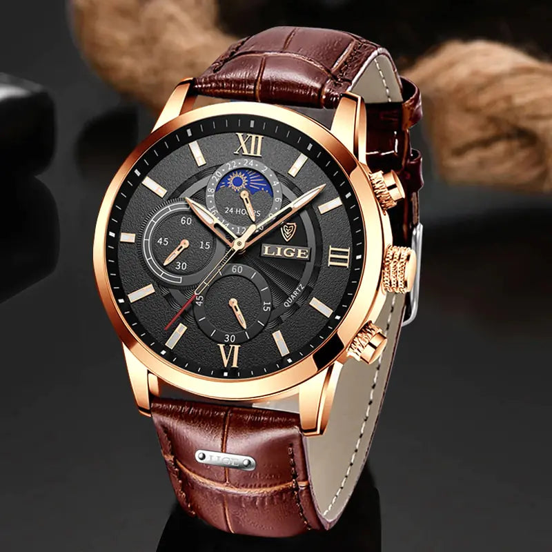 Mens Watches LIGE Top Brand Luxury Leather Casual Quartz