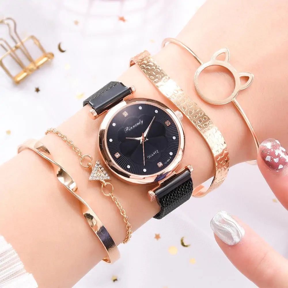 5-Piece Women's Luxury Magnet Buckle Watch Bracelet Set